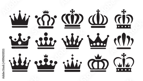Diverse set of black crown icons with various royal luxury symbols on transparent background.