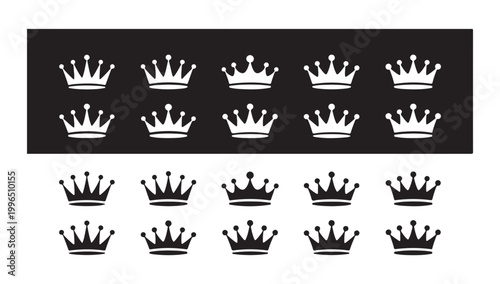 Set of 15 black crown icons, simple classic royal and queen signs on transparent background.