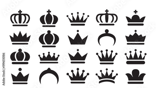 Set of 20 black crown icons, simple classic royal and queen signs on transparent background.