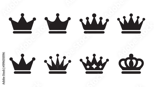 Set of black crown icons, various styles of royal headwear on transparent background.