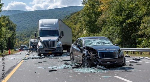 A multi-vehicle accident scene on a highway with damaged vehicles and debris
