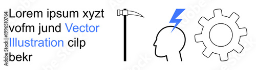 Business strategy, innovation, thought process, technology, industrial development, tools. A pickaxe, a head with a lightning bolt and a gear. Innovation and business strategy concepts