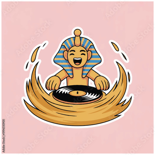 Pharaoh DJ playing vinyl record with golden sound waves.