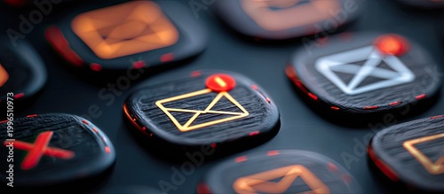 Close-up of illuminated digital message icons on a dark, textured surface