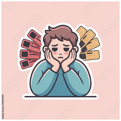 Worried Person Surrounded by Credit Cards Financial Stress Concept.