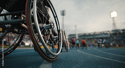 Wheelchairs race on track, spectators watch from stadium under dusky sky