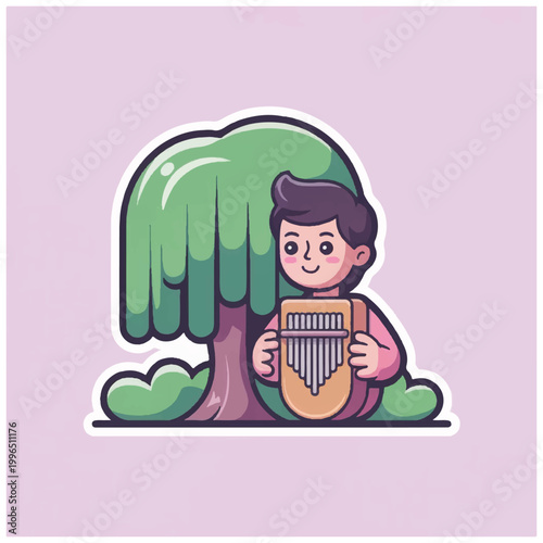 Young Boy Playing Kalimba Under a Large Tree.