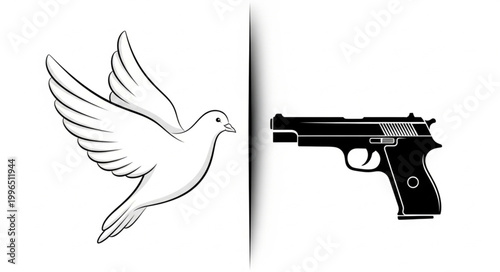 Dove of peace confronts a black handgun symbol of conflict.