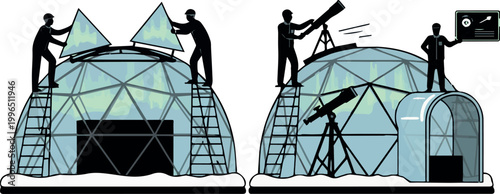 Workers constructing and installing a geodesic dome observatory with a telescope vector silhouette