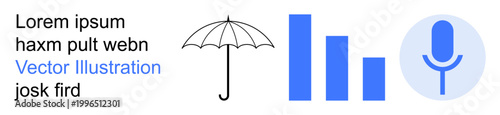 Analytics, communication, weather safety, sound recording, voice input, business tools. A bar graph, umbrella and microphone icon in clean design. Analytics and communication essentials concept