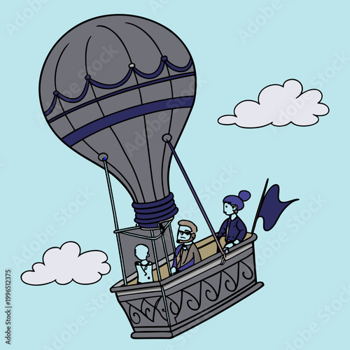 Hot air balloon with people traveling in the basket through the sky adventure transportation passengers illustration vacation