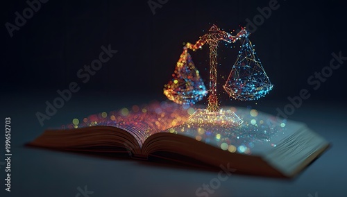 Glowing scales of justice hover above an open book of light particles
