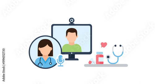 A female doctor conducts an online medical consultation with a male patient via a computer monitor, complete with a stethoscope and medications.