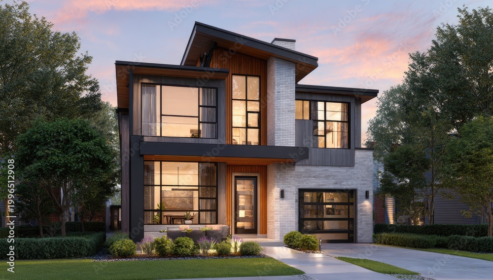 Fototapeta premium Modern residence with geometric design, large windows, wood accents, and a garage