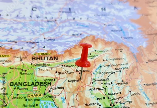 View of Imphal, is the capital city of the Indian state of Manipur, on a geographical map of Asia, marked with red push pin