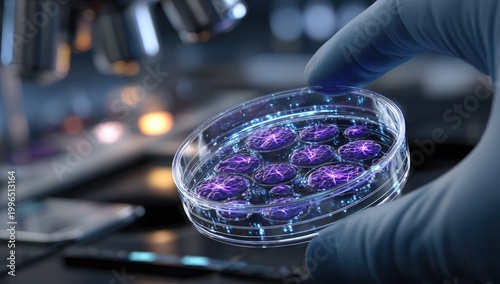 Close-up of glowing purple cells in a petri dish held by a gloved hand