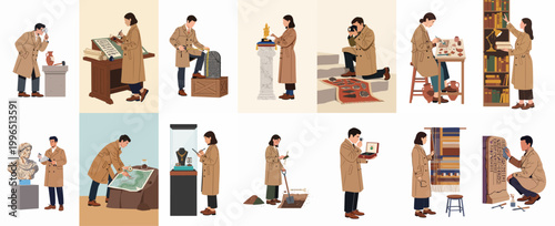 Schilderij op canvas Flat illustration set of professional archaeologists and museum curators working with historical artifacts, conducting research, restoration, and documentation in various settings