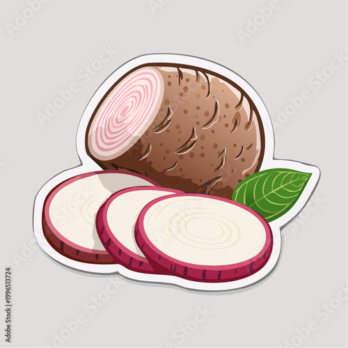 Illustration of a whole and sliced taro root with a leaf