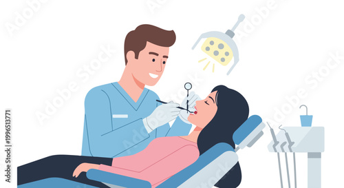 A professional male dentist performs a dental checkup on a female patient reclining in a specialized chair at a modern dental clinic.