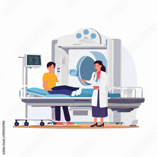 Doctor Explains MRI Scan to Patient Lying on Table