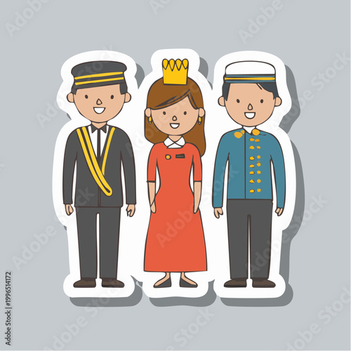 Cartoon illustration of hotel staff and a queen
