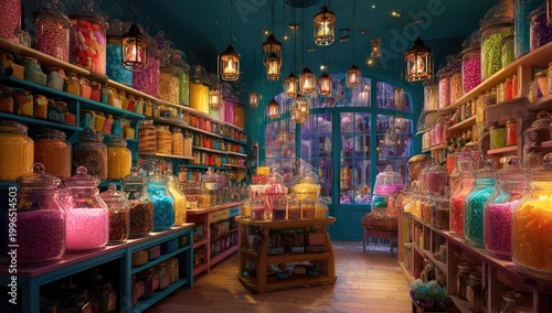 Whimsical candy shop with shelves piled high with colorful jars