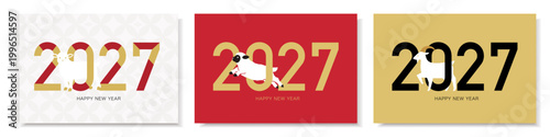2027年未年のシンプル数字デザインセット 羊モチーフの新年バナー・ラベルベクター　年賀状