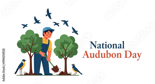 Celebrating National Audubon Day, an illustration shows a person planting a tree with a shovel, surrounded by birds in flight and perched nearby, set against a clean white backdrop