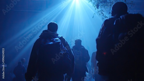 Silhouetted figures walk towards a brilliant blue light beam