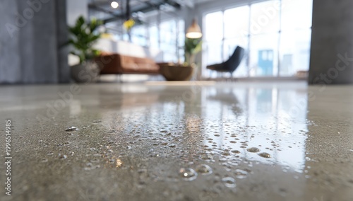 Wet concrete floor reflecting modern lounge with plants, sofa, chair