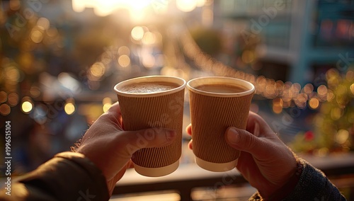 Two hands clink paper cups of coffee, soft golden light, blurred background