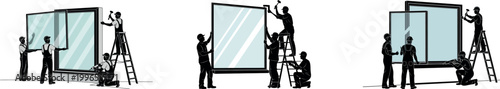 A team of people working together to install large glass panels on a building facade vector silhouette