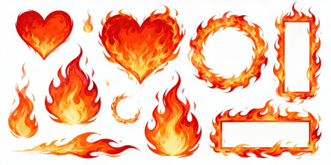 Set of Flaming Heart and Frame Icons