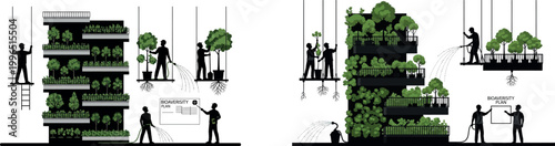 An architectural illustration of a modern green building design with lush vegetation and people interacting with the environment vector silhouette