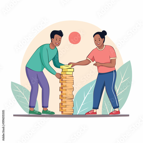 Two people playing Jenga game, teamwork and fun