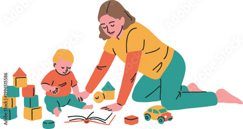 Mother playing with her small child at home with colorful building blocks and a toy car on the floor in room.