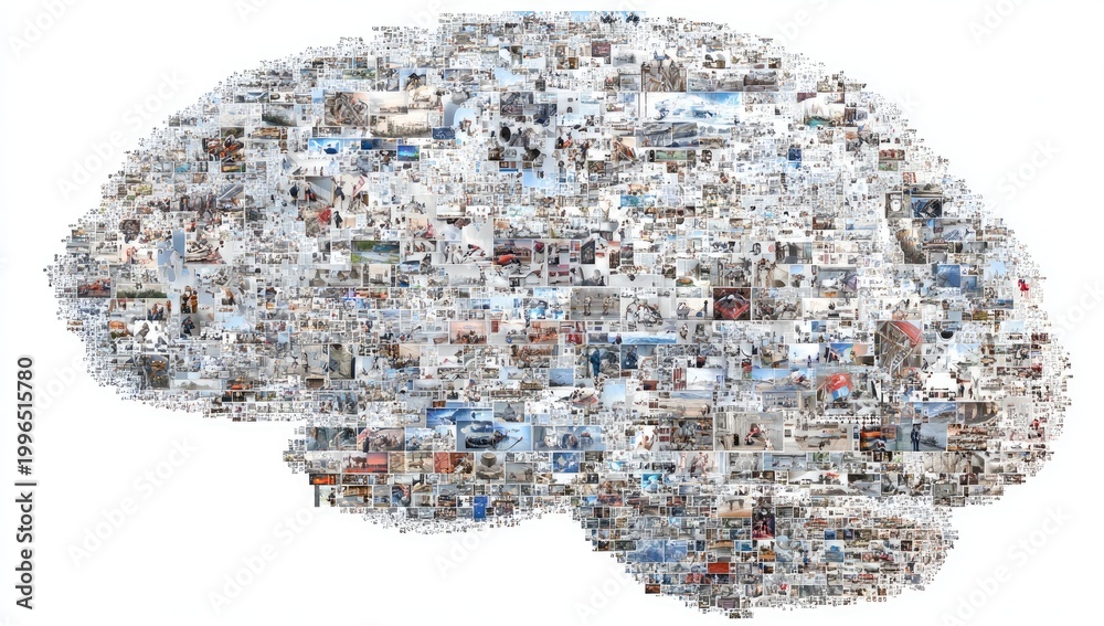 Fototapeta premium Collage of myriad detailed images forms the outline of a human brain