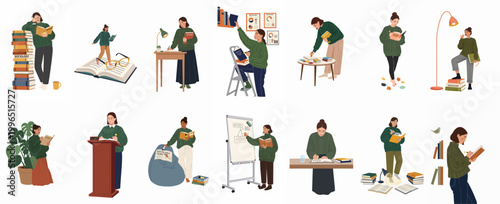 Slika na platnu Set of flat character illustrations showing a female student studying sociology, reading books, and taking notes in various academic and home settings
