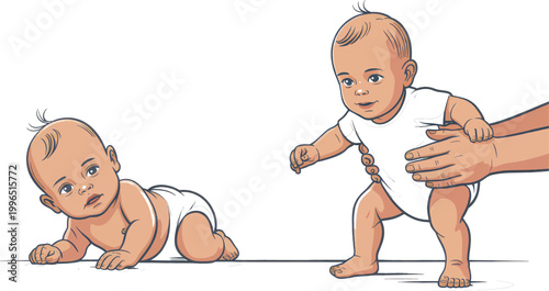 Infants learning to crawl and stand with parental assistance demonstrate the natural progression of physical development during early childhood years.
