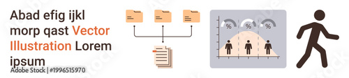 Data management, workflow optimization, demographics, analysis, teamwork, human movement. Folder hierarchy with documents, graphical demographic data and a walking person icon. Data management
