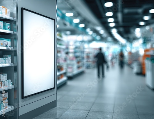 Blank digital display screen in a brightly lit, blurred retail aisle with shelves