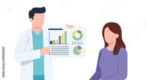 A male doctor in a white coat shows a medical infographic with charts and graphs to a female patient in a professional healthcare setting.