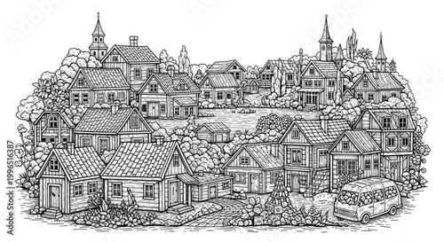 Detailed black and white hand-drawn illustration of a picturesque village. Cozy townscape with traditional houses, trees, a pond, and a bus.