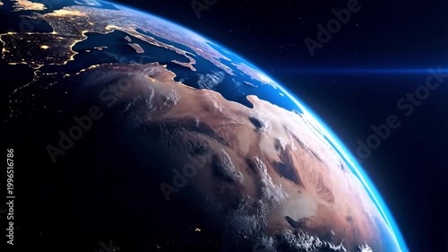 Stunning view of Earth from space at night revealing city lights and the atmosphere