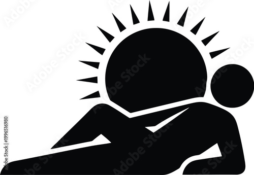 Black silhouette of person relaxing under sun with rays symbolizing vacation and leisure.