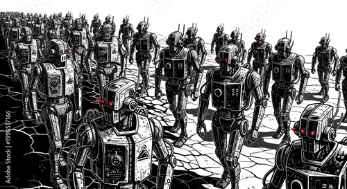 Vast army of identical futuristic robots marching in a monochromatic dystopian landscape, representing artificial intelligence and automation.