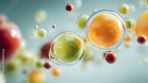 Close-up of colorful floating molecular structures representing scientific concepts