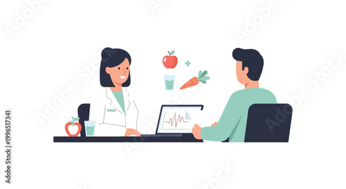 A female nutritionist in a white coat consults with a male patient at a desk, discussing healthy eating and lifestyle habits.