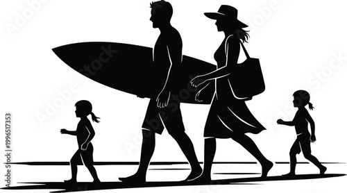 Family walking on beach with surfboard and bag silhouette.