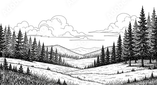 Ink drawing of a serene landscape with rolling hills and evergreen trees